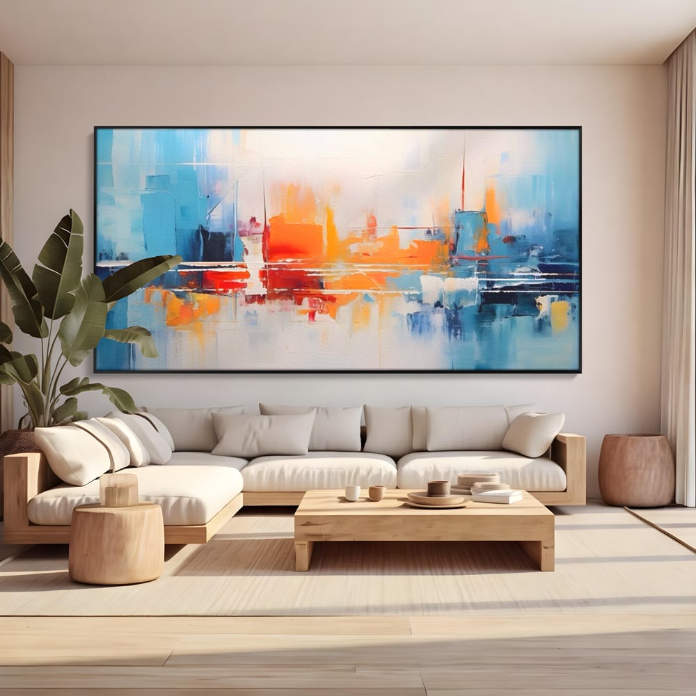 Tablou canvas cu pictura abstracta cu peisaj urban, in rama de aluminiu negru, pe perete intr-un living